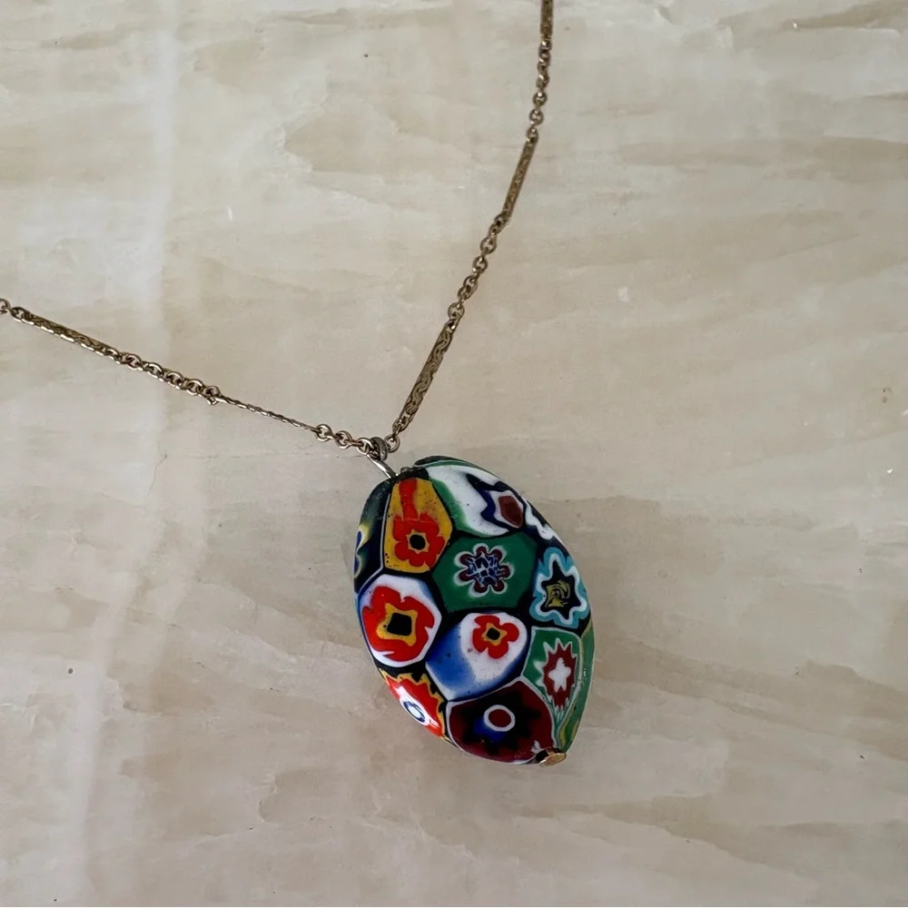 Vintage 70s multicolor eclectic necklace gold chain boho millefiori - Picture 2 of 4